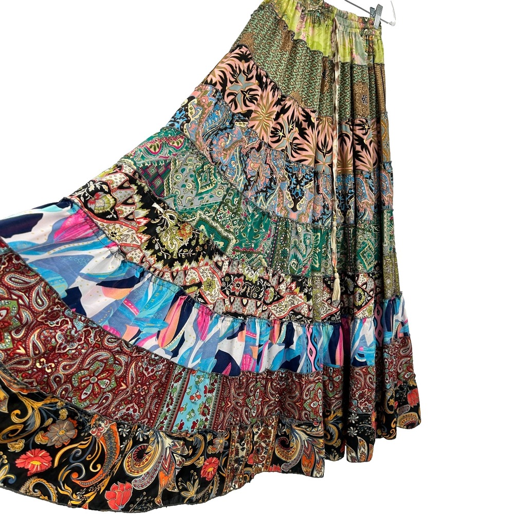 Tiered 100% Silk Patchwork Boho Maxi Skirt Women S/M Art to Wear Statement Gypsy